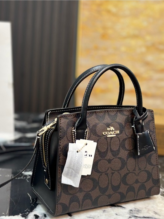 Coach Handbags - Coach Brown Signature Canvas Satchel with Black Trim